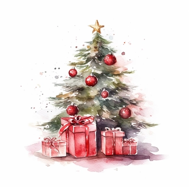 watercolor style, christmas tree with presents clipart, isolated on white background, 4K