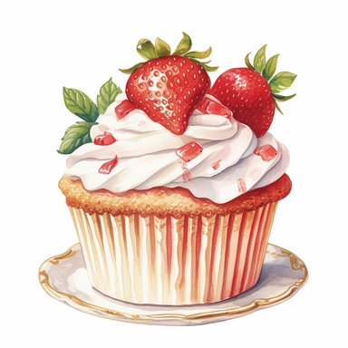 vintage style watercolor strawberry cupcake clipart, strawberry cupcake candle, strawberries, vibrant colors, 1960, vintage, watercolor, realistic drawing in storybook illustration, pencil drawing by Angela Barrett, Elsa Beskow, ultrafine detailed, highly detailed, high resolution, 8K, white background