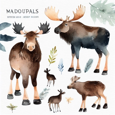 Woodland Animals Clipart Watercolor, cute moose, white background