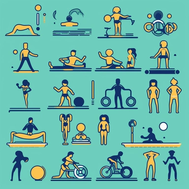 Design a clipart set that depicts various exercise and fitness activities. Add images of people doing different types of cardio activities like running, cycling, jumping, and swimming. Add images of people lifting weights, doing yoga, Pilates, or aerobics. Add elements such as water bottles, towels, or gym bags to complete the workout atmosphere. Use vibrant and energetic colors like blue, red, or green to reflect the energy of a fitness environment