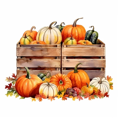 pumpkins and gourds in a rustic wooden crate a a farmer's market, fall trees in background, clipart, watercolor, white background--q2--v5.1