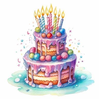 whimsical watercolor of an amzing magical birthday cake clip art