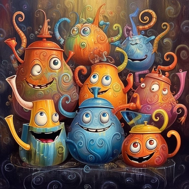 Whimsical magical wacky tea pots, dancing, large eyes, big smile, muted colors, swirls, twists, twirls, metallic, glitter, stylized, funny, centered, airbrushed, digital oil, detailed illustration, clip art, cartoon, 8k,-- ar 9:8