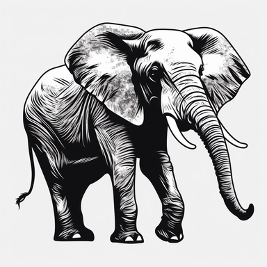 side view of elephant with trunk up. DRAWING, LOGO, BLACK AND WHITE, WILDLIFE, STENCIL, LINE ART TRANSPARENT BACKGROUND, PNG CLIPART