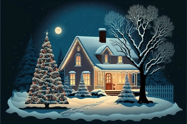 Stunning Vector clip art Christmas scene. frosty winter evening. The Christmas scene is one of festive cheer, as a cozy house is adorned with twinkling Christmas lights and colorful decorations. A tall Christmas tree with ornaments, gifts, decorations stands proudly in the front yard, its branches glistening with snow. The house itself is a picture of holiday cheer. Its windows are adorned with wreaths and garlands, and a wisp of smoke curls from the chimney. The front door is painted a cheery r