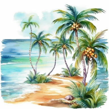 Tropical Beach Clipart - Vacation Clipart - Landscape - Palm Tree clipart, Watercolor Clipart , original hand drawing, style of the artwork, mood of the artwork, white background, 8K quality, ultra detailed , clipart, white background, High Quality, ultra detailed
