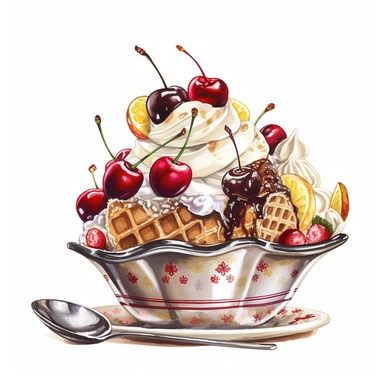create a beautiful highly detailed watercolor clipart image of a large old fashioned BANANA SPLIT SUNDAE WITH CHERRY ON TOP OF THE WHIP CREAM, white background, no text, no font