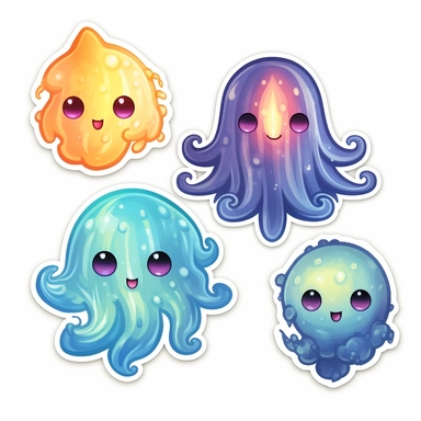 3 stickers with white background and border, emoji clipart as cute water elementals, high res, iridescent, some bioluminescent