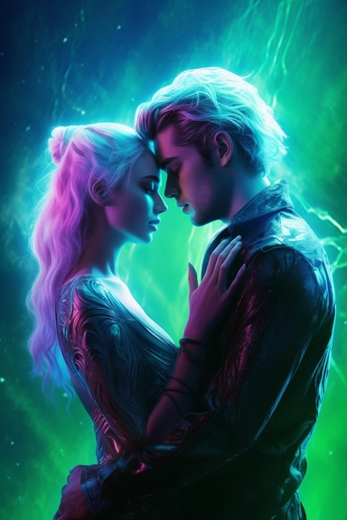 Clipart, just real, cinematic lighting, couple of elf lovers, kiss , white hair, man with medium hair, green eyes, fantasy background, synthwave style, 8k,