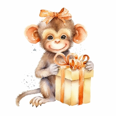 watercolor cute safari animal smiling monkey clipart, with gift, full body, on a white background