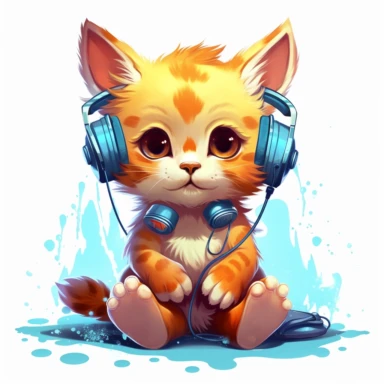 cute kitten listening to music in the style of skottie young, clipart