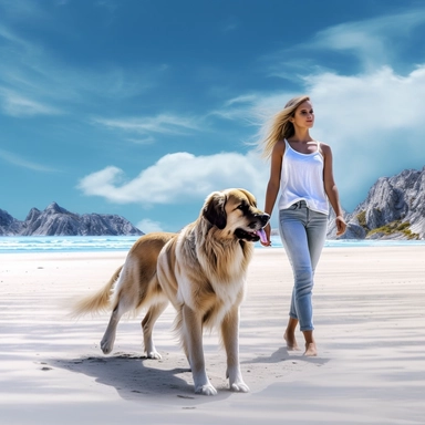 panoramic view, full view, beautiful lady with long smooth flowing blonde hair, beautiful face, dressed in jeans and white shirt walking with her dog a Bernese Mountain dog on a beautiful beach with white sand blue water and blue skies with scattered white clouds, sharp focus, high detail, romantic, fantasy, 8k, photo realistic, illustration clipart style, transparent background, (--iw 5)