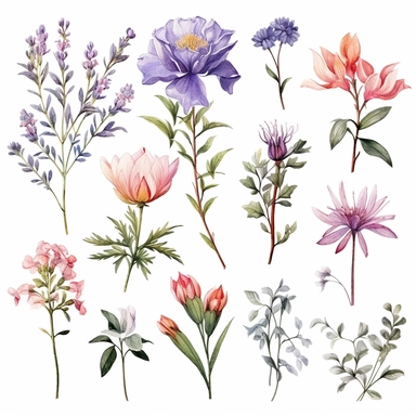 clipart set of single spring flowers and plants, matching bouquets, watercolor style, detailed, elegant, sophisticated, seperated on white background