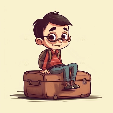 Cute little boy character sitting on a suitcase, kids style, 2D, vector, good quality, Pixar children's book illustration, vector, cartoon character, hand drawing, clipart