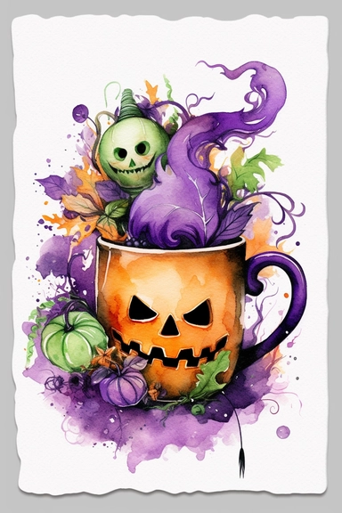 halloween coffee mug, purple, black green, orange, watercolor clipart