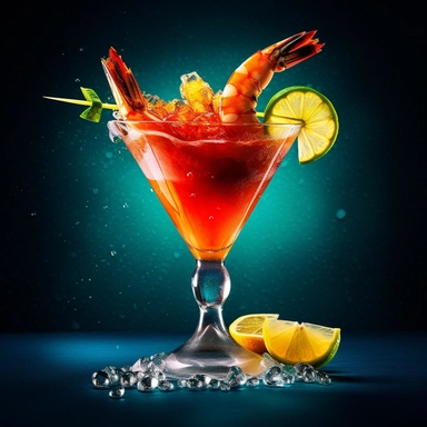 classic shrimp cocktail, Display the prawns on a beautiful tall, wide glass over a pool of cocktail sauce, bold colors, retro neon style, photorealistic, high-resolution photography, transparent background PNG clipart – ar 16:9