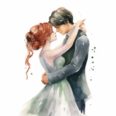 Caucasian bride and fair-skinned groom, sharing a sweet embrace, tender and affectionate, watercolor, Pixar style, Clipart on a white background.