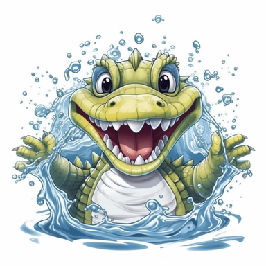 Illustration of a cute baby crocodile in water against white background, cartoonish style, highly realistic, white background, clipart, PNG pure white background, high resolution, hyper detailed, best quality, high detailed illustration