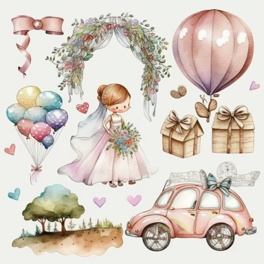 wedding rings tied with a ribbon , cute wedding illustrations clipart set, ILLUSTRATIONS FOR THE BOOK, cartoon elements, different variants, girl with long hair in a wedding veil, wedding, husband and wife Love , Hearts balloons , veil, garland, wooden elements, sit on a bench , on the car, white transparent background separate elements with a margin Watercolor