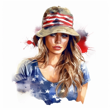 a gorgeous American soldier, her t-shirt and hat represent her flag, vibrant colors, clipart with white background,--v 5
