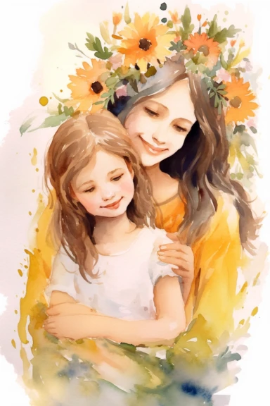 Easy-cut, dreamy watercolor smiling clipart from the back of a mom and daughter of 5 years