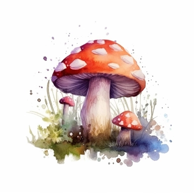 detailed watercolor clipart, photography style, cute mushroom, in a meadow, HDR, spring floral,self shadow, white background