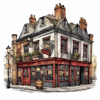 olde london pub on street corner clipart, single image, white background