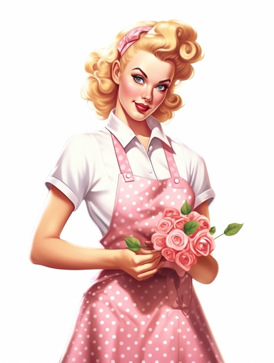 portrait of a housewife against white background, in the style of vintage-inspired pin-ups, realistic figures, polka dot madness, pink and amber, against white background clipart png