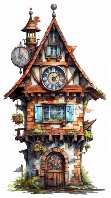 isolated images, illustrations on a white background, fantasy vintage clock house, Clipart, watercolor, realistic, isolated, fussy cuts, highly detailed, hdr, 32K, photo expert quality, watercolor realistic, hyperrealistic and highly detailed, isolated on a white background