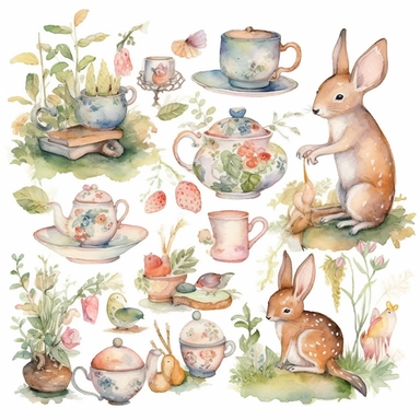 A charming watercolor clipart collection depicting a whimsical garden tea party attended by adorable woodland creatures (medium: watercolor painting)(style: inspired by Beatrix Potter and Mary Blair)(lighting: soft, dappled sunlight filtering through the trees)(colors: pastel color palette of pinks, greens, and blues)(composition: a series of vignettes showcasing the different animals interacting with teacups, teapots, and other tea party elements).