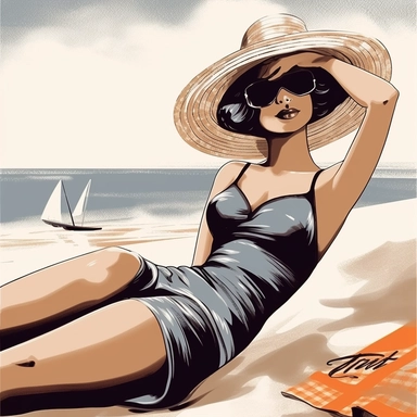portrait view, full view, clipart illustration, beautiful lady sunbathing on beach, exact image, sharp focus, high detail, (--iw 5)