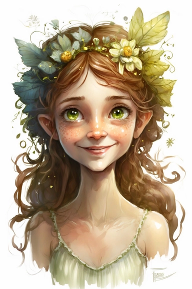 divine Flower Fairy Girl, healthy skin tone, smiling, worm eyes, romantic, Fantasy Elf Clipart, Cute, white background, painting, watercolor, hyper realistic, inticate details