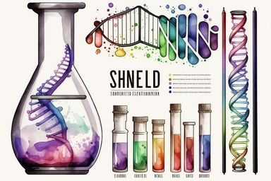 simpel set of laboratory clipart, DNA, periodensystem, warer, watercolor style, black outlines, strong colors, for childrenbook, white background, 16k,