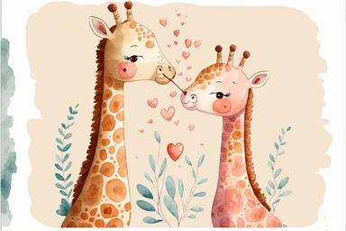 giraffe couple love valentine, Kawaii style, watercolor clipart, flat colors, ultrahigh details, high quality, almost vector style, white background, 8k,