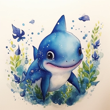 cutest little nursery shark with big eyes, full body, pen and ink with watercolor, seaweed, jelly fish, little fish, pearlescent horn, sparkles, glittery, clipart sheet, nurseycore