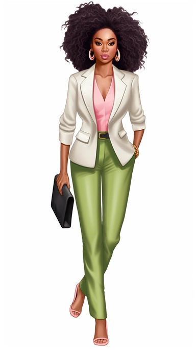 full body stylish African American woman clip art wearing salmon pink and apple green suit and heels, medium curly hair, white background