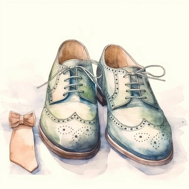 wedding watercolor graphics, subtle neutral pastel tones, sparklecore, embossed paper, Design a sophisticated wedding clipart showcasing the groom's shoes, meticulously crafted with sleek leather, laces, or buckles, representing the groom's impeccable style and attention to detail on his special day, candid, multi-layered