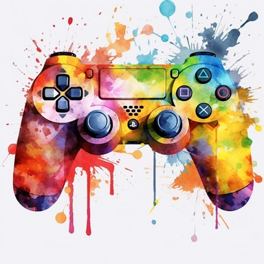 watercolor pc game controller clipart illustration, vibrant colors, transparent background, style of Ian mcque + banksy + invader, watercolor, Clipart, flat white background