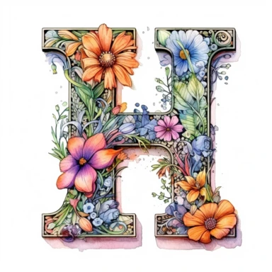 Beautiful Pastel Vintage Flower Alphabet Letter  H  Watercolor and ink Clipart, Cartoon, hyper-realistic, high contrast, intricate detail, illustration style, high solution on the white background