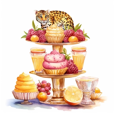 sweet colorful, gold, watercolor, honey Lemons Clipart, Macaroon,cupcake, variety of fruit juice drippin, on luxury stand, luxury Icon Set, with cheetah, detailed, isolated white background, hand painting , single design