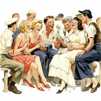 clip art, vintage, bright, white background, high contrast, 4th of july, family and friends laughing