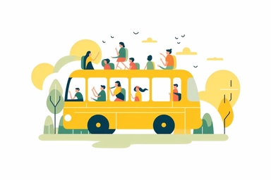 modern yellow bus in a countryside with happy people around. front shot, minimalist style, infographic illustration style character, Kurzgesagt animation style, thick lines, infographic animation style. Very minimal detail. 2D drawing, clip art, trending on video hive, After Effects, colorful, flat shade. solid untextured white background