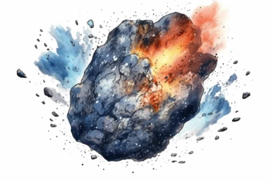 Watercolor, Create an image depicting a main-belt asteroid in the asteroid belt region clipart, hd, on a white background, spaced out