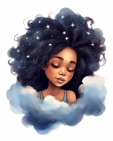 a portrait of a cute little afro girl with a luminous dress, eyes shut, mouth closed, long hair, wind, sky, clouds, the moon, moonlight, stars, universe, fireflies, butterflies, watercolor clipart,
