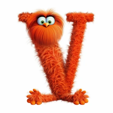 clipart style letter V, Dr. Suess fluffy style with arms, legs and friendly cute face for children