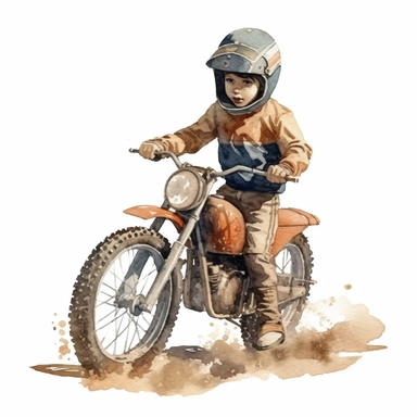 Vintage kids Dirt Bike with a kid riding it on dirt with helmet ,Watercolor,Clipart,Isolated, White background