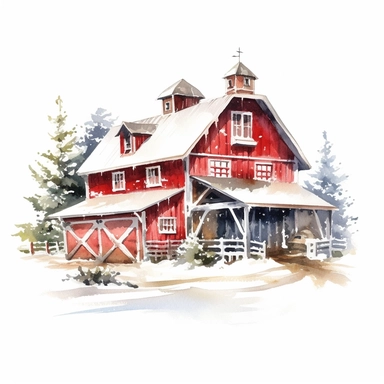 vector watercolor close up winter christmas farm barn decorated in Christmas style decor in winter clipart on white background, close up view, winter christmas farm barn, photorealistic, ultrarealistic, no background, on white