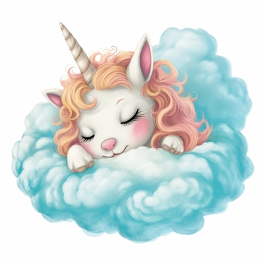 Sleepy baby unicorn cuddled up on a fluffy cloud clipart