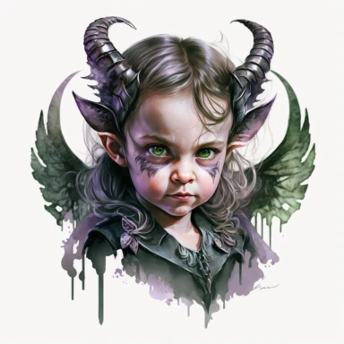 little girl, big eyes, maleficent, green glowing eyes, horns and wings, shades of purple green and black, very detailed and realistic, half body, watercolor, white background with margins, clipart style,