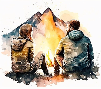 watercolor and pencil, camping, happy couple is sitting on opposite side of the camp fire and looking at each other, beautiful mountain behind, white background, isolated clipart